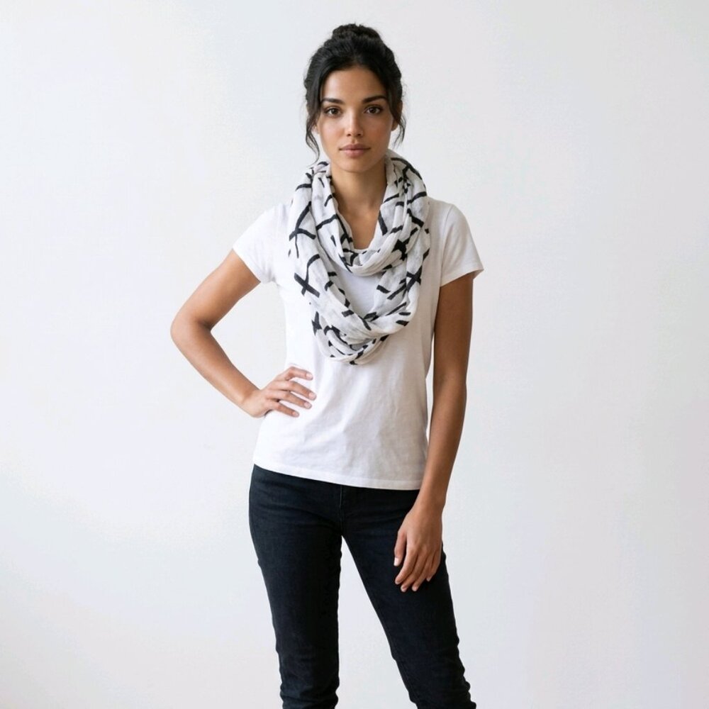 Black‎ and White Cross Designed Circular Scarf in Lightweight Cotton  -